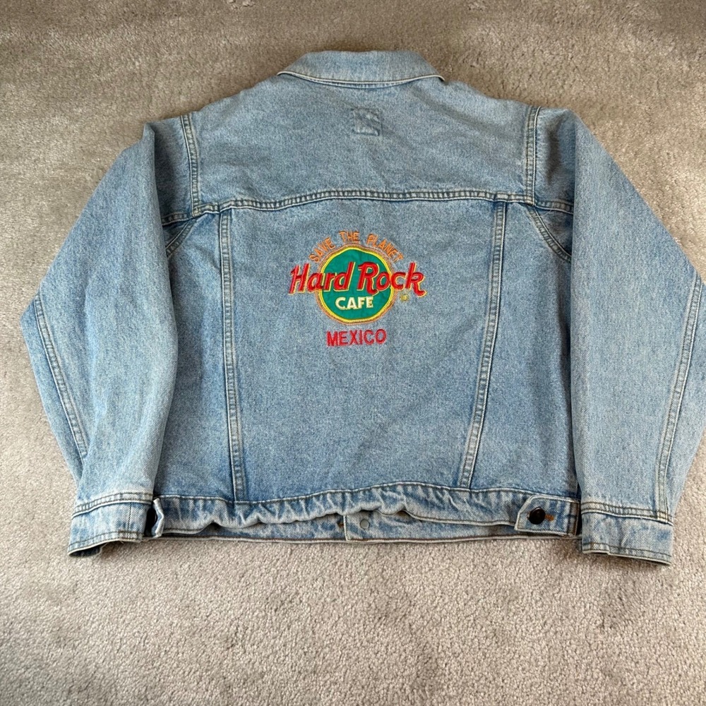 VTG Hard Rock Cafe Mexico Denim Jacket Light Wash Embroidered Logo Women's XL 16